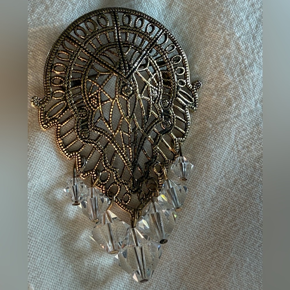 Vintage Brooch Faceted Crystal Dangles Ornate Filigree Gorgeous